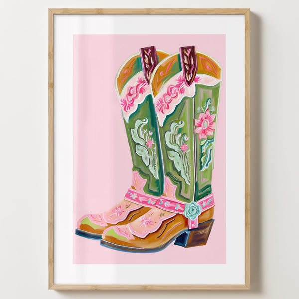 Pink & Green Cowboy Boots Colourful Poster - Cow Girl Boots Print - Trendy wall art  - Gloss or Matte - A5,A4,A3 or Digital Download