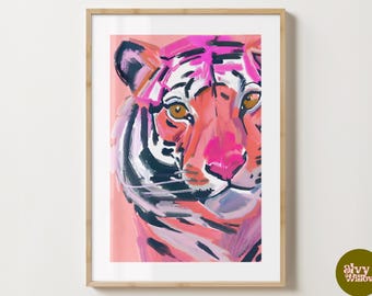 Pink Tiger Head Wall Art Print - Close Up Tiger Print - Colourful Prints - Gloss or Matte - A5,A4,A3 or Digital Download