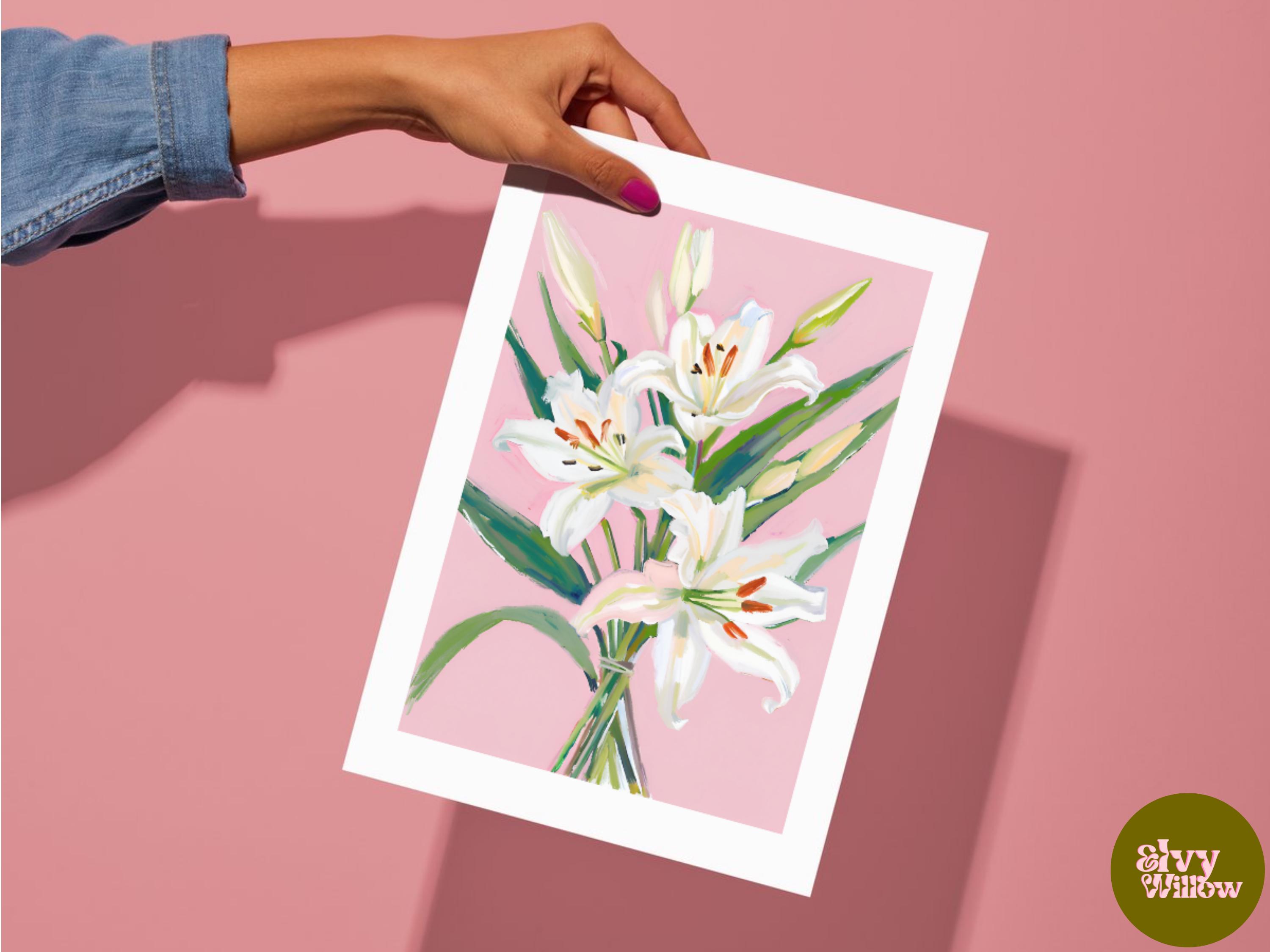 Pink & White Lily Wall Art Print - Lilies Poster - Lily Artwork ...