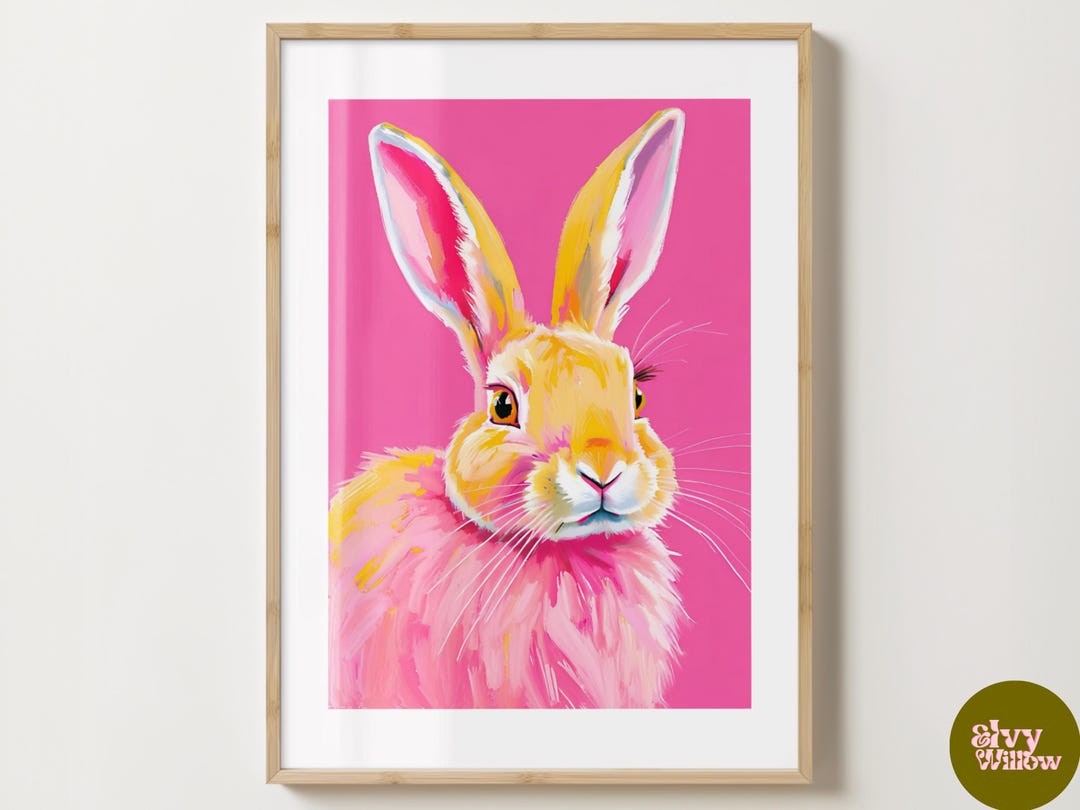 Pink & Yellow Bunny Rabbit Wall Art Print - Cute Bunny Poster - Home ...
