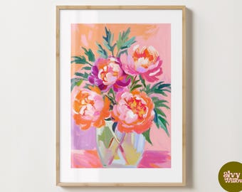 Impression de pivoines orange et roses - affiche tendance de fleurs de pivoine - fleurs modernes - impression de chariot de bar - impressions maximalistes de fleurs de pivoines esthétiques