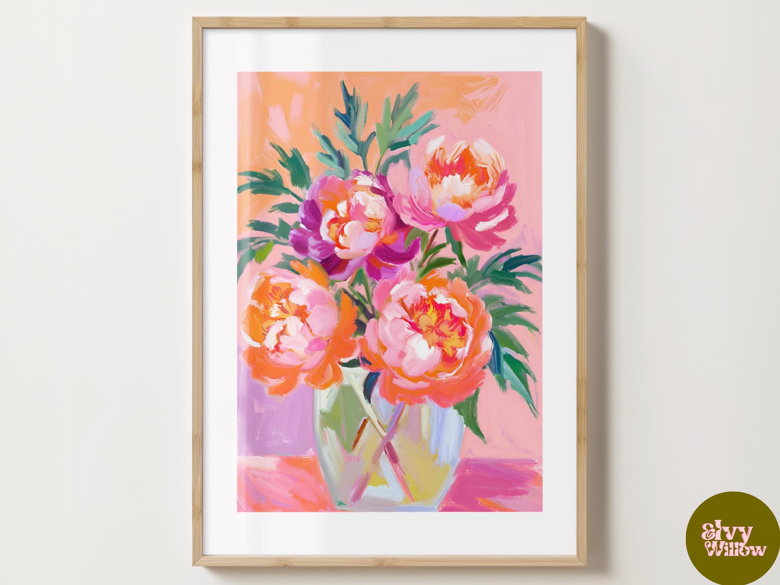 Orange & Pink Peonies Print - Trendy Peony Flower Poster - Modern Florals - Bar Cart Print - Maximalist Prints Aesthetic Peonies Flowers
