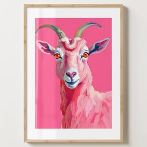Impresión de arte de pared de cabra colorida rosa - Impresión de cabras - Decoración elegante de cabra - Idea de regalo única - Brillo o mate - A5, A4, A3 o descarga digital