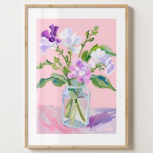 Impresión de flor de guisante de olor rosa y morado - Póster de flores - Arte de guisantes de olor en jarrón - Brillo o mate - A5, A4, A3 o descarga digital