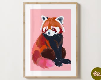 Pink Red Panda Wall Art Print - Pink Nursery Print - Stylish Panda Poster  - Gloss or Matte - A5,A4,A3 or Digital Download