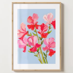 Blau & Rosa Sweet Peas Blumendruck - Blumen Poster - Sweet Pea Kunst - Barwagen Druck - glänzend oder matt - A5,A4,A3 oder digitaler Download