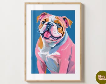 Blue & Pink English Bulldog Wall Art - Dog Print - Bull Dog Poster -  Dog lovers Gift Idea - Gloss or Matte - A5,A4,A3 or Digital Download