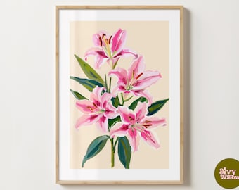 Pink & Green Lily Print - Stylish Lilies Flower Poster - Trendy Florals - Lily Flowers  - Gloss or Matte - A5,A4,A3 or Digital Download