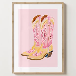 Affiche colorée de bottes de cow-girl roses et jaunes - impression de mode de bottes de cowboy - brillant ou mat - A5, A4, A3 ou téléchargement numérique