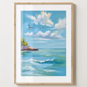 Impresión de arte mural de paisaje marino azul con pájaros - Póster de naturaleza - Impresión marina - Idea de regalo colorida - Brillo o mate - A5, A4, A3 o descarga digital
