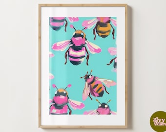 Blårosa bi-väggkonsttryck - Humlaposter - Honungsbi-illustration - Glansigt eller matt - A5, A4, A3 eller digital nedladdning