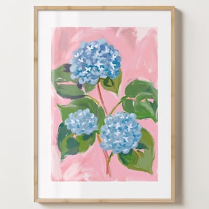 Rosa & Blauer Hortensienbusch Druck - Stilvolles Blumen Poster - Moderne Blumen - Barwagen Druck - glänzend oder matt - A5,A4,A3 oder digitaler Download