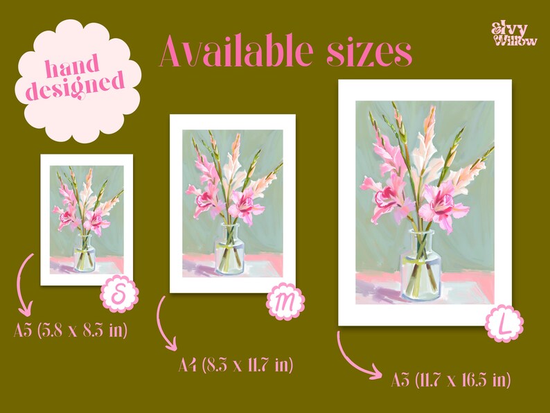 May include: Three different sizes of a print featuring a painting of pink gladiolus flowers in a clear glass vase. The print is available in A5 (5.8 x 8.5 inches), A4 (8.3 x 11.7 inches), and A3 (11.7 x 16.5 inches).