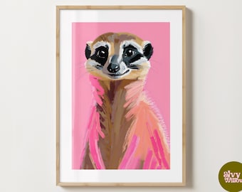Pink Colourful Meerkat Wall Art Print  - Stylish Animal Print - Gloss or Matte - A5,A4,A3 or Digital Download