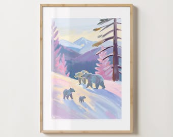 Pinke Eisbären Familie Szene Wand Kunst Druck - Stylisches Winter Poster - Weihnachts Kunst - glänzend oder matt - A5,A4,A3 oder digitaler Download