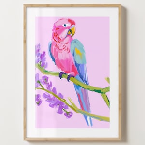 Impresión de arte de pared con loros rosados brillantes - Póster de pájaro colorido - Ilustración de loro - Brillo o mate - A5, A4, A3 o descarga digital