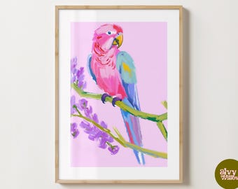 Impressão de arte de parede de papagaios rosa brilhante - pôster de pássaro colorido - ilustração de papagaio - brilhante ou fosco - A5, A4, A3 ou download digital