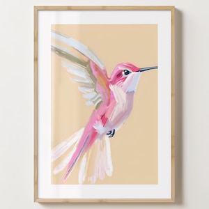Impresión de arte de pared con colibríes rosas y beige - Póster de pájaros - Impresión colorida - Idea de regalo única - Brillo o mate - A5, A4, A3 o descarga digital