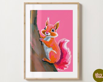 Pink Squirrel Print - Animal Wall Art - Colourful Squirrel Artwork - Gloss or Matte - A5,A4,A3 or Digital Download