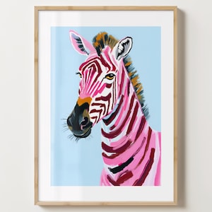 Stampa artistica da parete con zebra rosa e blu - Fauna selvatica unica - Poster con zebra rosa - Lucido o opaco - A5, A4, A3 o download digitale