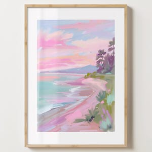 May include: A painting of a pink and blue sunset over a beach with palm trees. The sky is a soft pink and blue, and the water is a turquoise blue. The beach is a light pink, and the palm trees are a dark green.