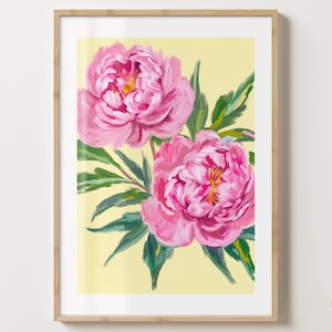 Gelber & rosa Pfingstrosen Stengel Druck - Stylisches Pfingstrosen Blumen Poster - Modernes Blumenmuster - Barwagen Druck - Glanz oder Matt - A5,A4,A3 Digital Download