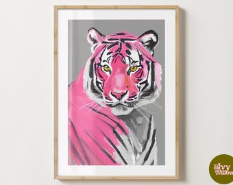 Pink & Grey Trendy Tiger Wall Art Print - Pink Wildlife Artwork - Animal Illustration - Colourful A5,A4, A3 Matte Gloss or Digital Download