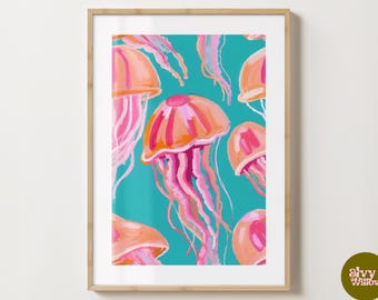 Jellyfish Coastal Print - Nautical Beach House Wall Art, Ocean-Inspired Decor,  Sea Life Wall Art Print A5, A4, A3 Digital Download
