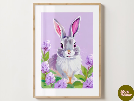 Purple Rabbit Wall Art Print - Cute Bunny Poster - Bright Prints - Colourful Prints - Gloss or Matte - A5,A4,A3 or Digital Download