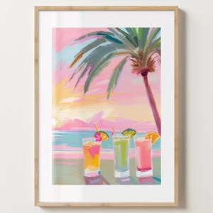 Impresión de arte de pared con cóctel rosa en la playa - Póster decorativo con estilo oceánico - Ilustración moderna - Brillo o mate - A5, A4, A3 o descarga digital