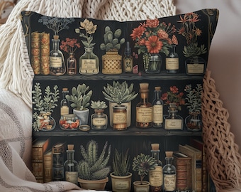 Botanical Apothecary Shelf Pillow, Dark Academia Plant & Potion Cushion, Vintage Witchcore Home Decor