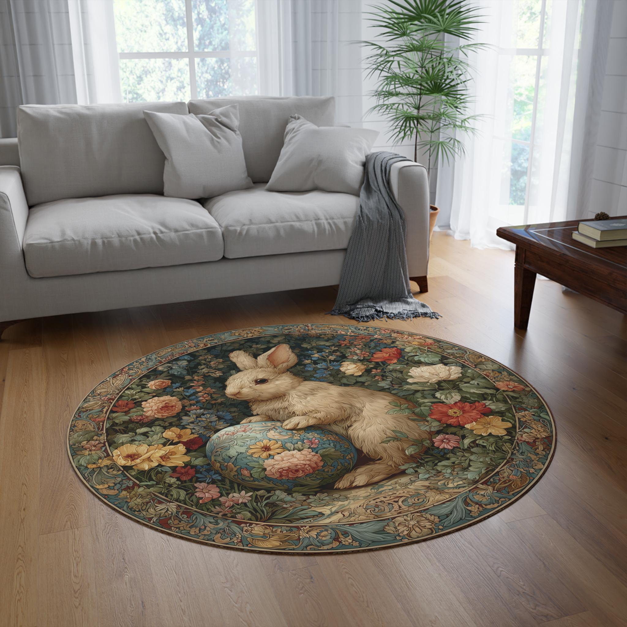Victorian Bunny Round Rug, 5ft Vintage Rabbit William Morris Style ...