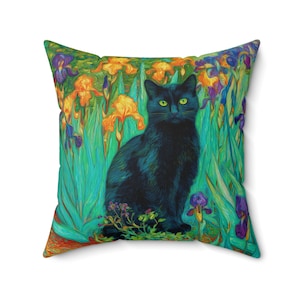 Black Cat Irises Pillow,Van Gogh Inspired Floral Cushion, Artistic Cat Lovers Gift, Colorful Home Decor