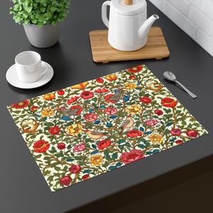 Floral Bird Print Cotton Twill Placemat: Vintage Dining Decor