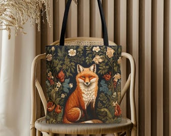 Blommig toteväska med Woodland Fox-tryck | Vintage botaniskt djurtryck