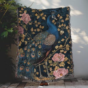 Art Deco Peacock William Morris Inspired Woven Blanket, Cozy Fall Home Decor Cotton Blanket