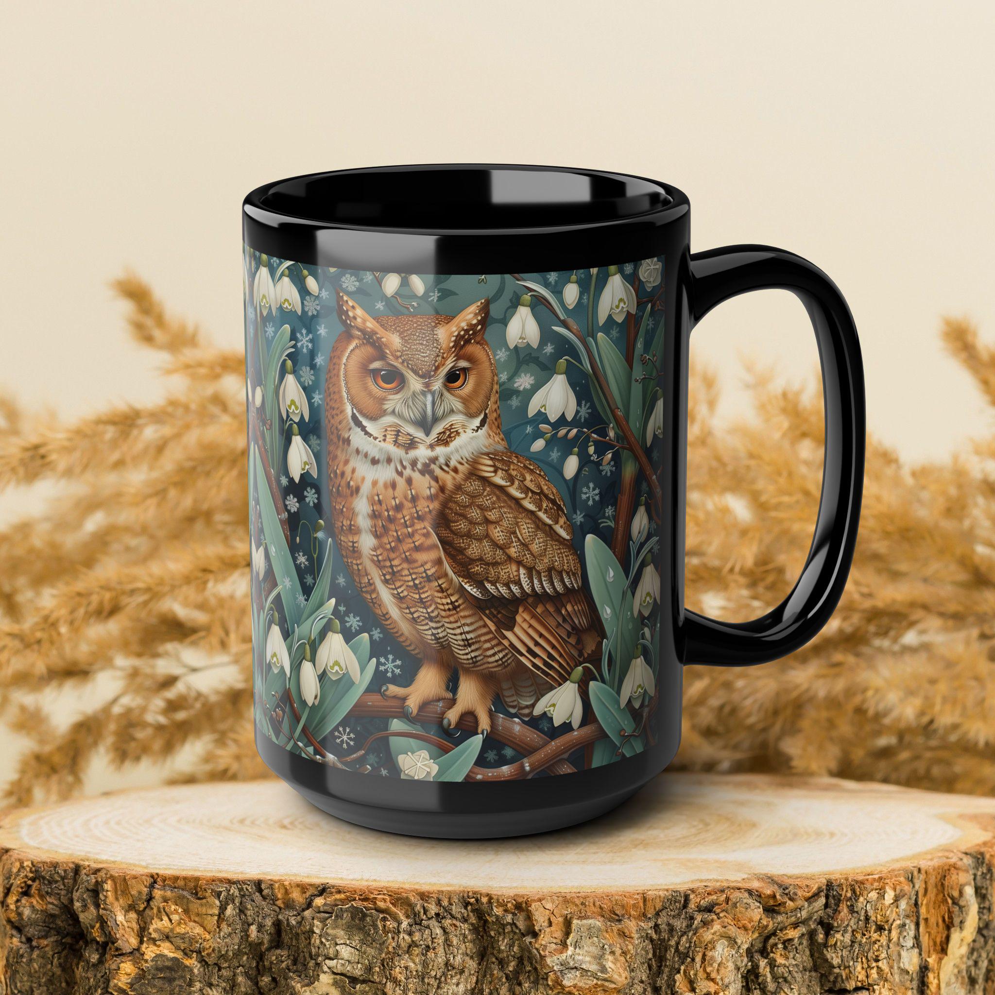 Whimsical Owl Mug: Snowdrop Floral Black Coffee Cup