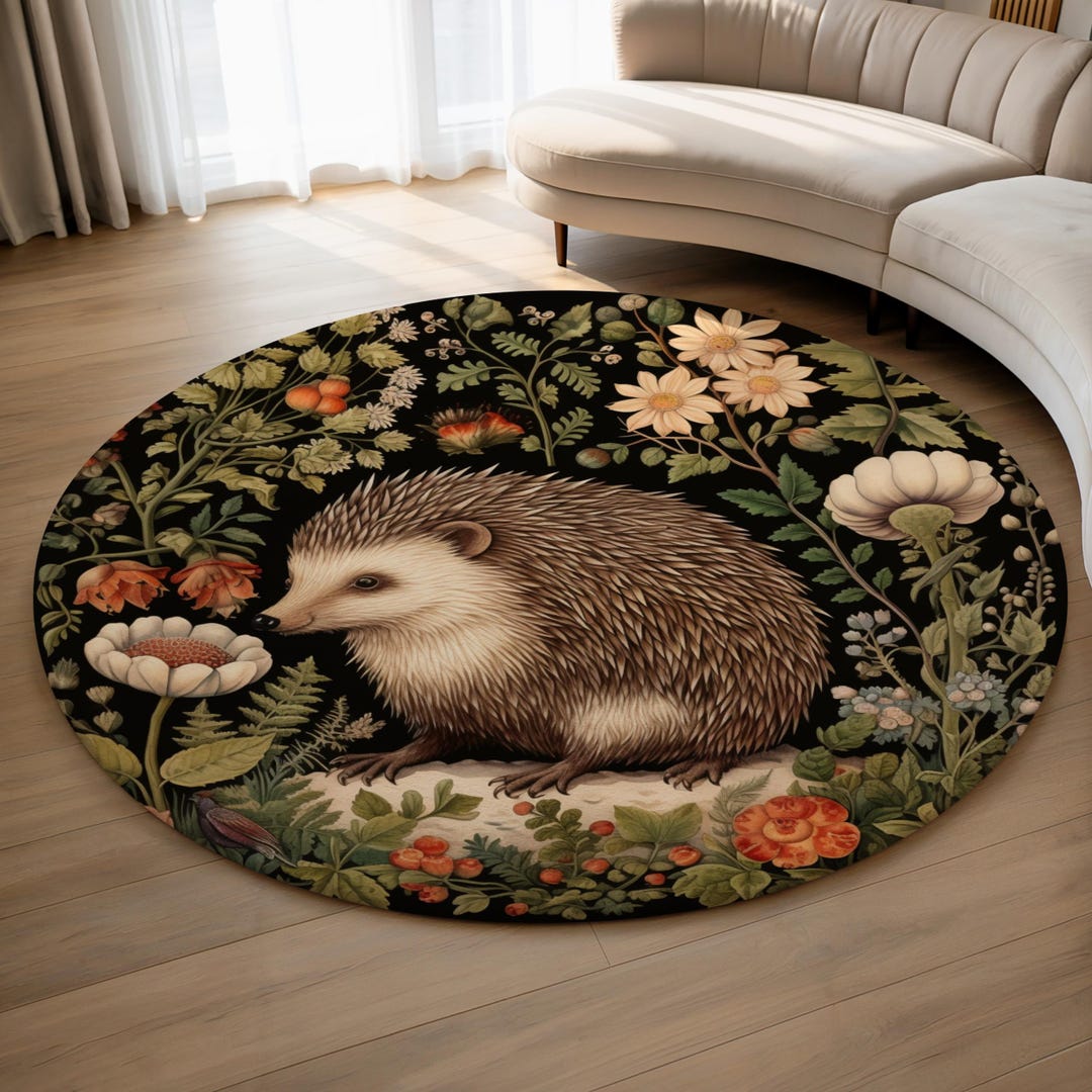 Hedgehog Rug Floral Hedgehog Round Rug, Woodland Animal Tapestry Style, Cottagecore ...