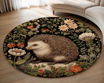Floral Hedgehog Round Rug, Woodland Animal Tapestry Style, Cottagecore Forest Decor