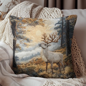 Embroidered Mountain Reindeer Decorative Fall Square Pillow, Spun Polyester Home Decor, William Morris Inspired