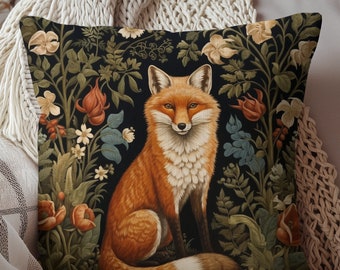 Botanical Floral Fox Pillow | William Morris Inspired | Fox Pillow, Cottagecore | INSERT INCLUDED