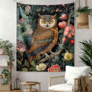Floral Night Owl Tapestry: William Morris Style Cottagecore Wall Decor