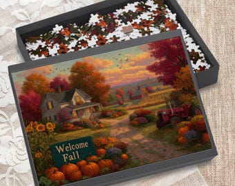 May include: A jigsaw puzzle in a black box, featuring a fall landscape with a house, pumpkins, and a tractor. The puzzle is partially assembled, with loose pieces visible. The sign reads "Welcome Fall".