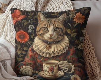 May include: A whimsical illustration of a cat wearing a ruffled collar and a patterned dress, holding a teacup and saucer. The cat is surrounded by flowers and greenery, creating a charming and elegant scene.