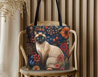 Fourre-tout fleuri chat siamois | Impression botanique vintage pour amoureux des animaux de compagnie