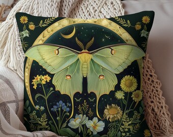 Luna Moth Crescent Moon in The Style of William Morris Decorative Pillow | Cottage-core Pillow