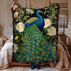 Peacock Garden Woven Blanket, Elegant Botanical Cotton Throw With Fringe Edges