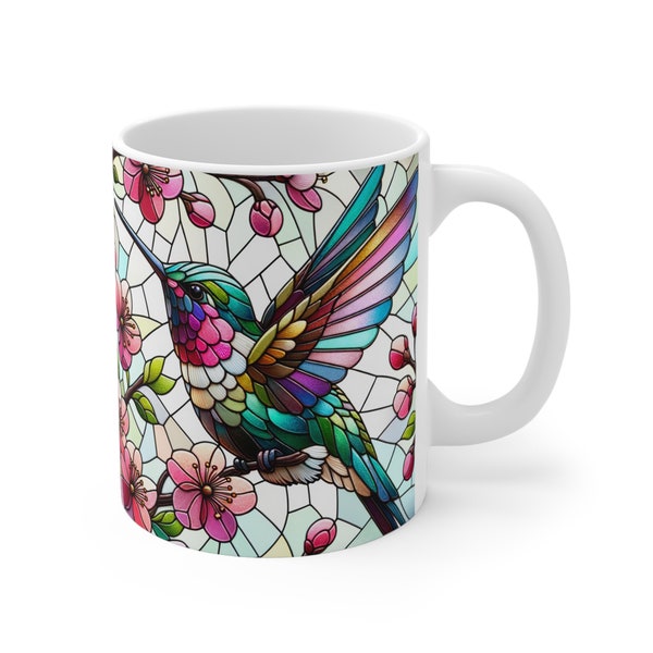 Spring Hummingbird Cherry Blossom Flowers Mug | Faux Stained Glass Coffee Mug | Gift for Bird Lover Coffee Mug 11oz