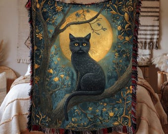 Coperta tessuta con gatto della luna mistica, coperta in stile arazzo con gatto nero, decorazione per la notte celeste