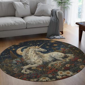 Unicorn Crescent Moon Round Rug, Whimsical Night Area Rug, White Unicorn Rug, Nursery Decor, Playroom Rug, Bedroom Rug